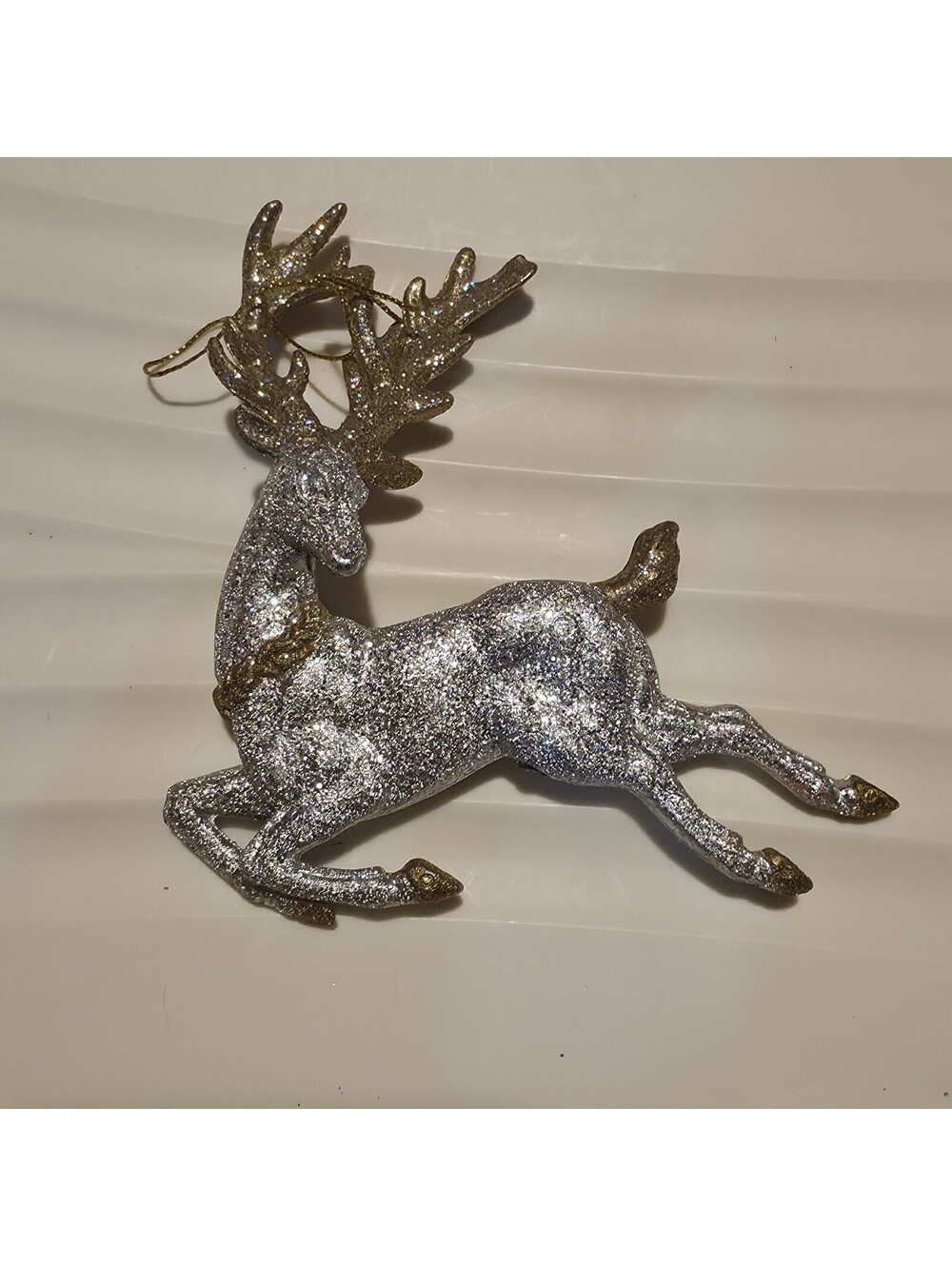 Vintage Silver Leaping Reindeer Ornament Gold Glitter Antlers Hooves Christmas